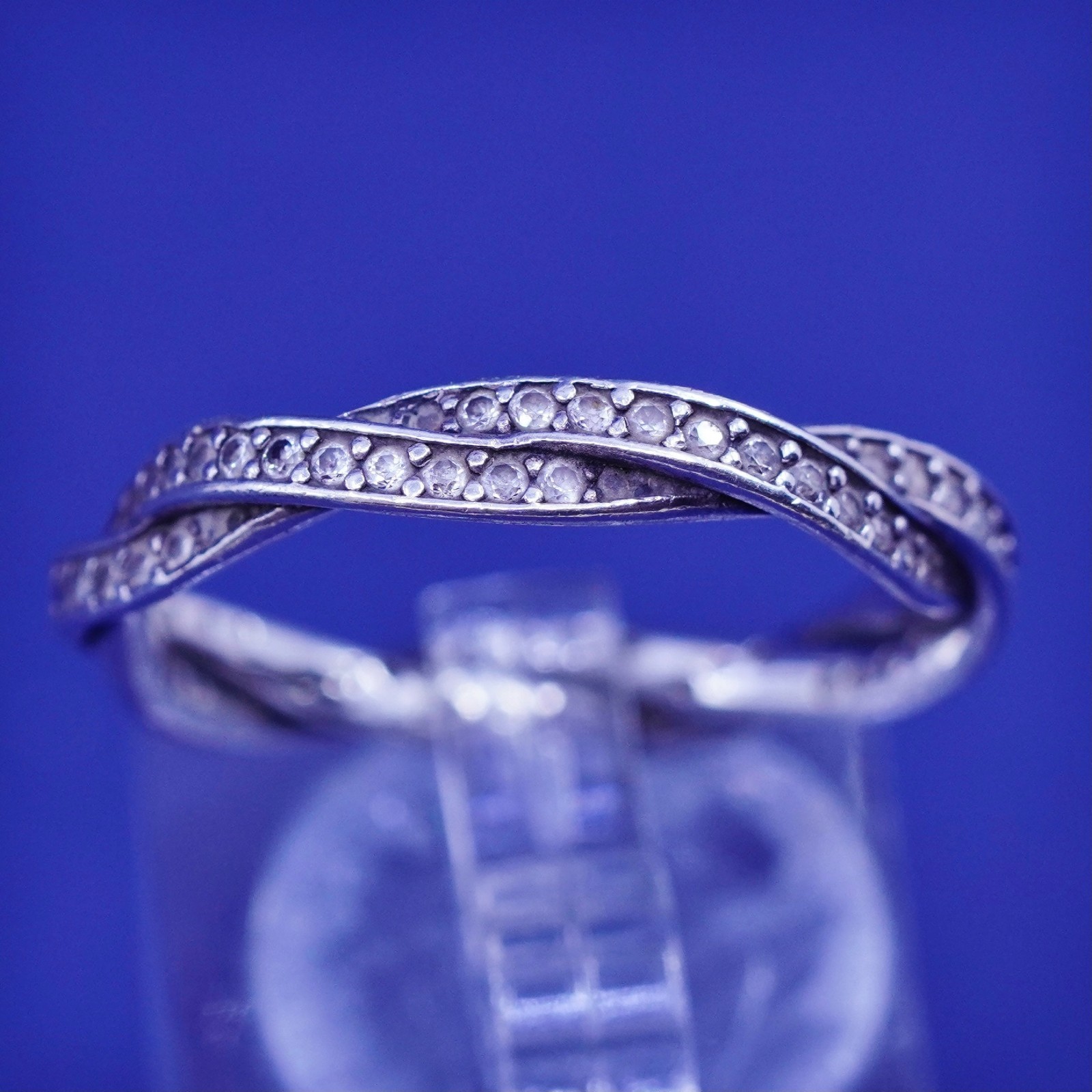 Size 8.5, vintage ALE sterling silver handmade ring, 925 entwined band with cz