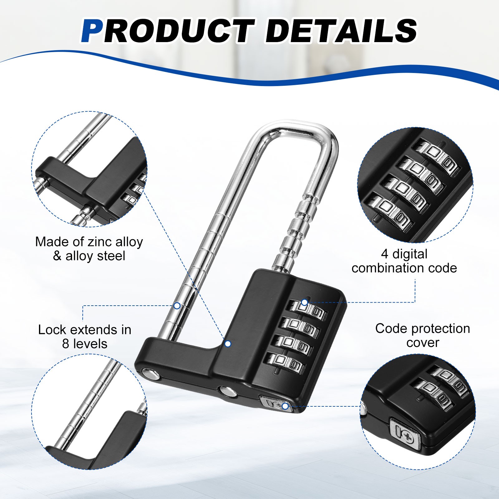 4 Digit Combination Padlock, (4.6 Inch, Black)(2 Set), Cabinet Lock Adjustable