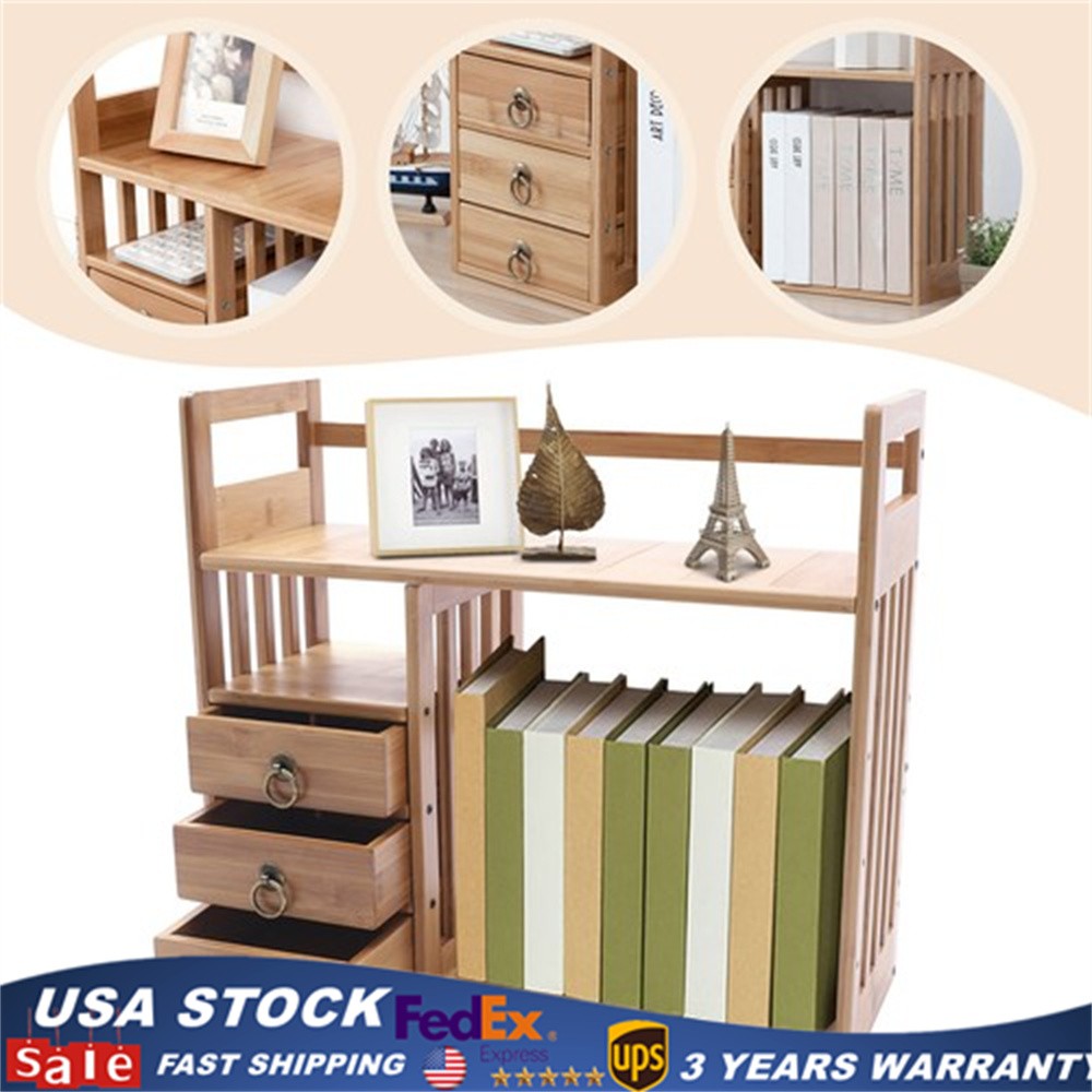 Wood Storage Rack Desktop Bookshelf Desk Organizer Tabletop Display Shelf