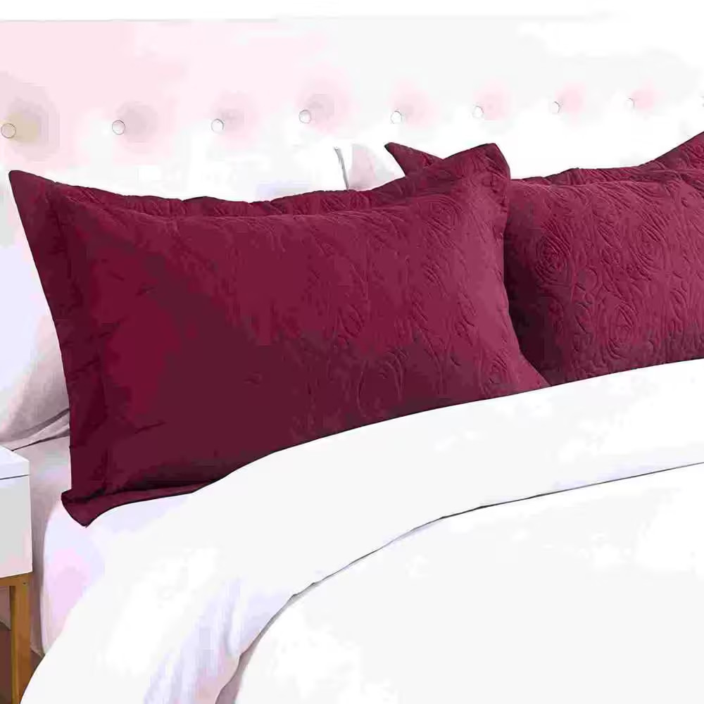 Burgundy Embroidery Pillow Shams Polyester King Size Pillow Protector