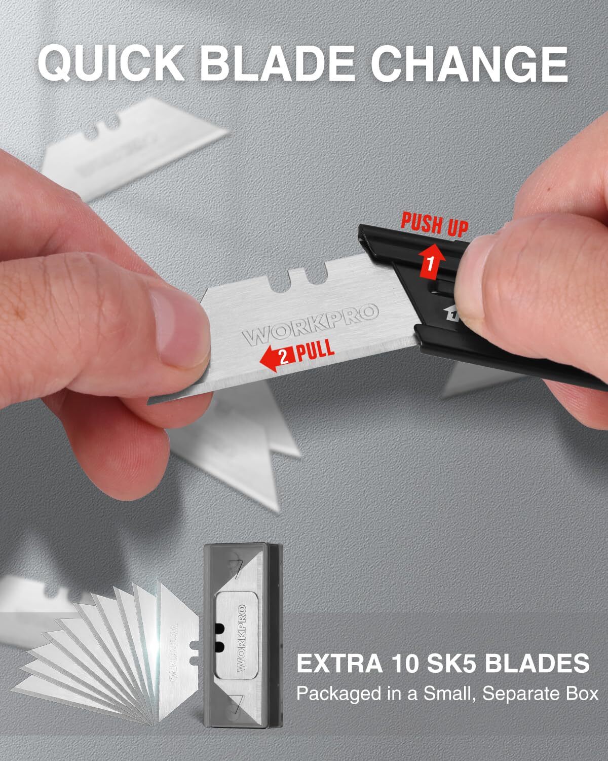 WORKPRO 3Pcs Folding Utility Knife Set 10 Extra Blades Quick-Change Box Cutter