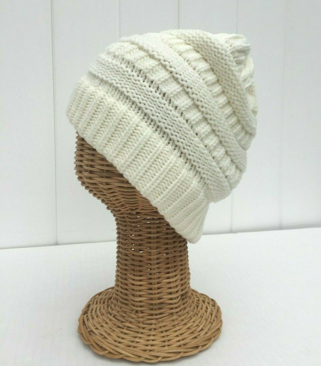 New Kids Solid Cream Knit Beanie Hat Soft Stretch Winter Thick Baggy Cap # L
