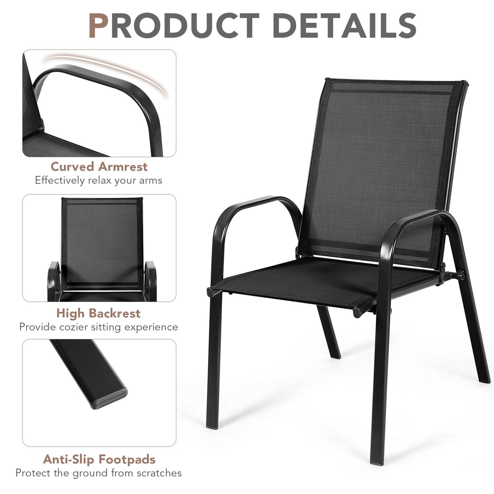 Set of 4 Patio Chairs Dining Chairs w/ Steel Frame Yard Outdoor Black