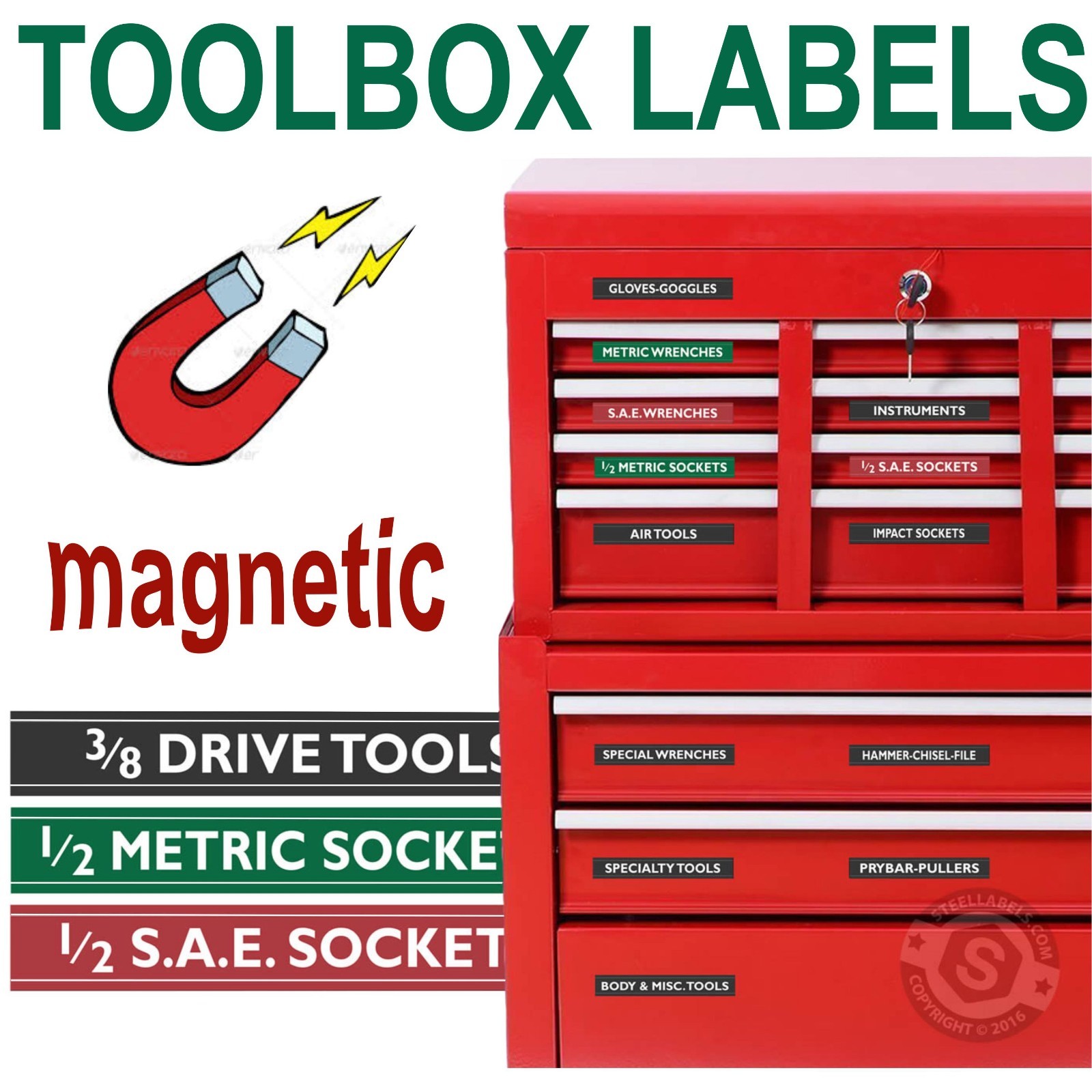 Magnetic TOOLBOX LABELS fits all Craftsman Boxes Easy Read (Green Edition)