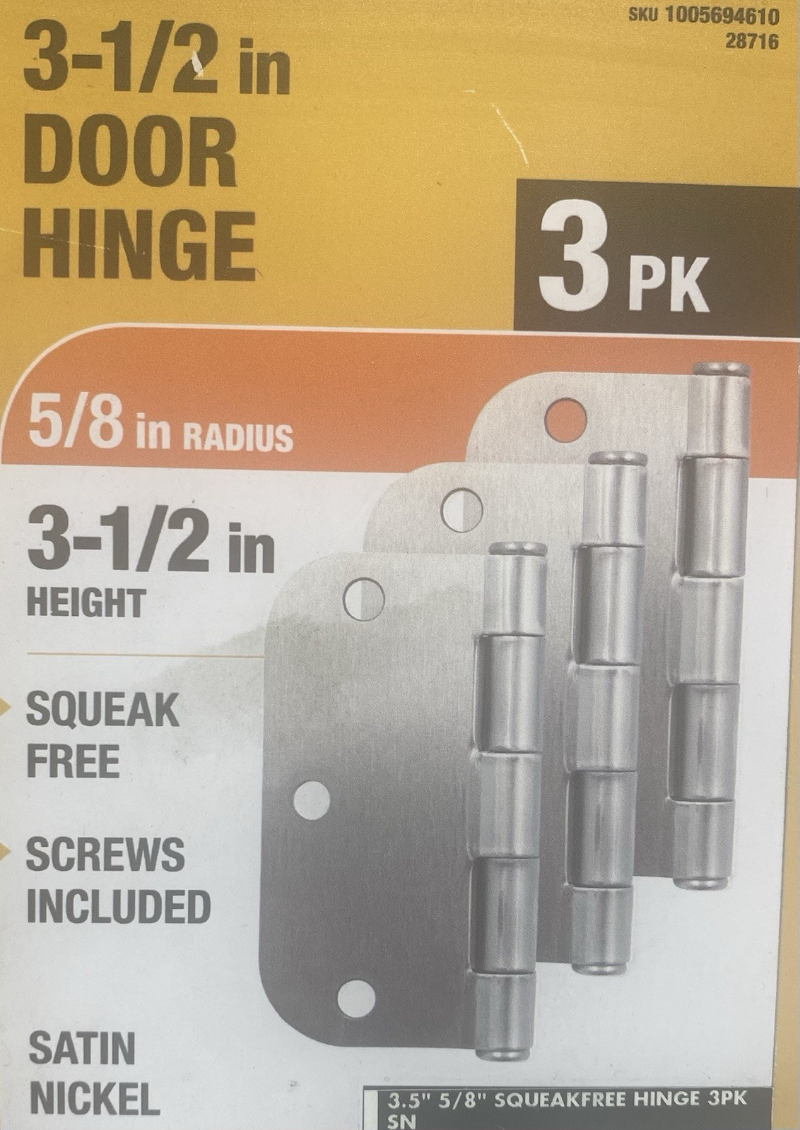 Two 3-pks: 3-1/2” x 5/8” Radius Satin Nickel Squeak-Free Door Hinges (6-hinges)