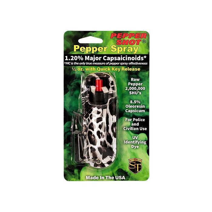 Pepper Shot® 1.2% MC 1/2 oz Pepper Spray in Fashion B&W Leopard Halo Holster