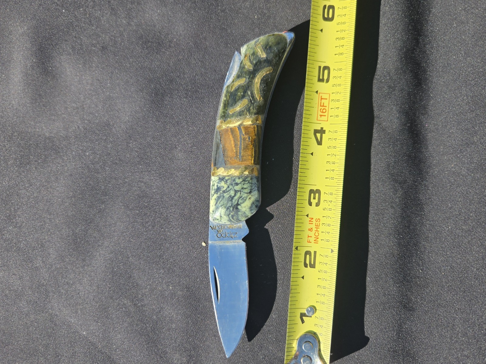 5 1/2" Pocket Knife, Serpentine Agate With Tigers Eye. Brass Wire Sunset Inlay.