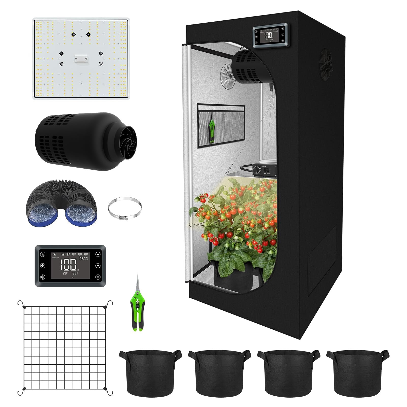 HOMEFELIZ 24"x24" Grow Tent Complete Kit, 240W LED, 4" Fan