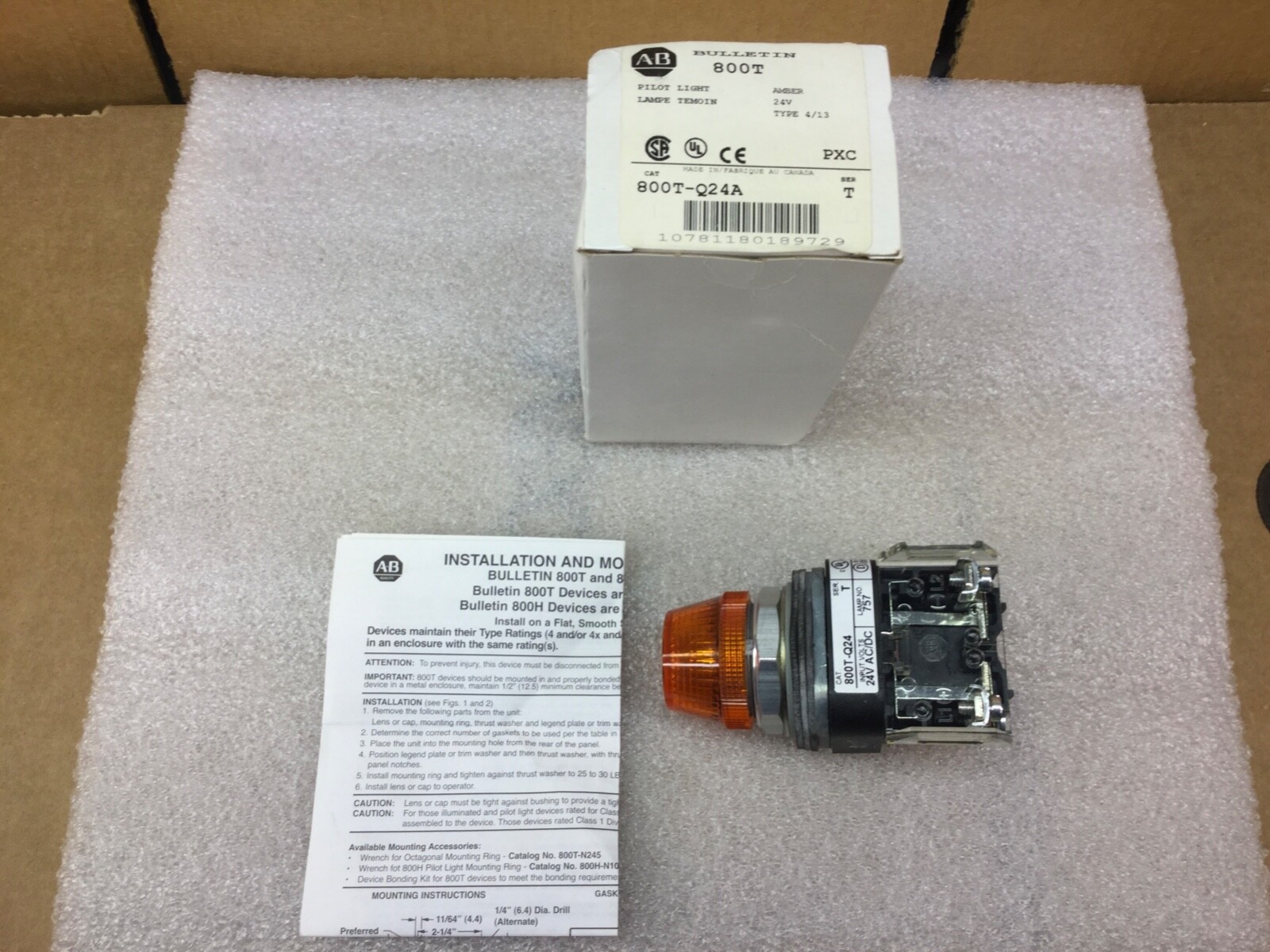 ALLEN BRADLEY 800T-Q24A AMBER PILOT LIGHT 24VAC/DC SERIES T NEW IN BOX