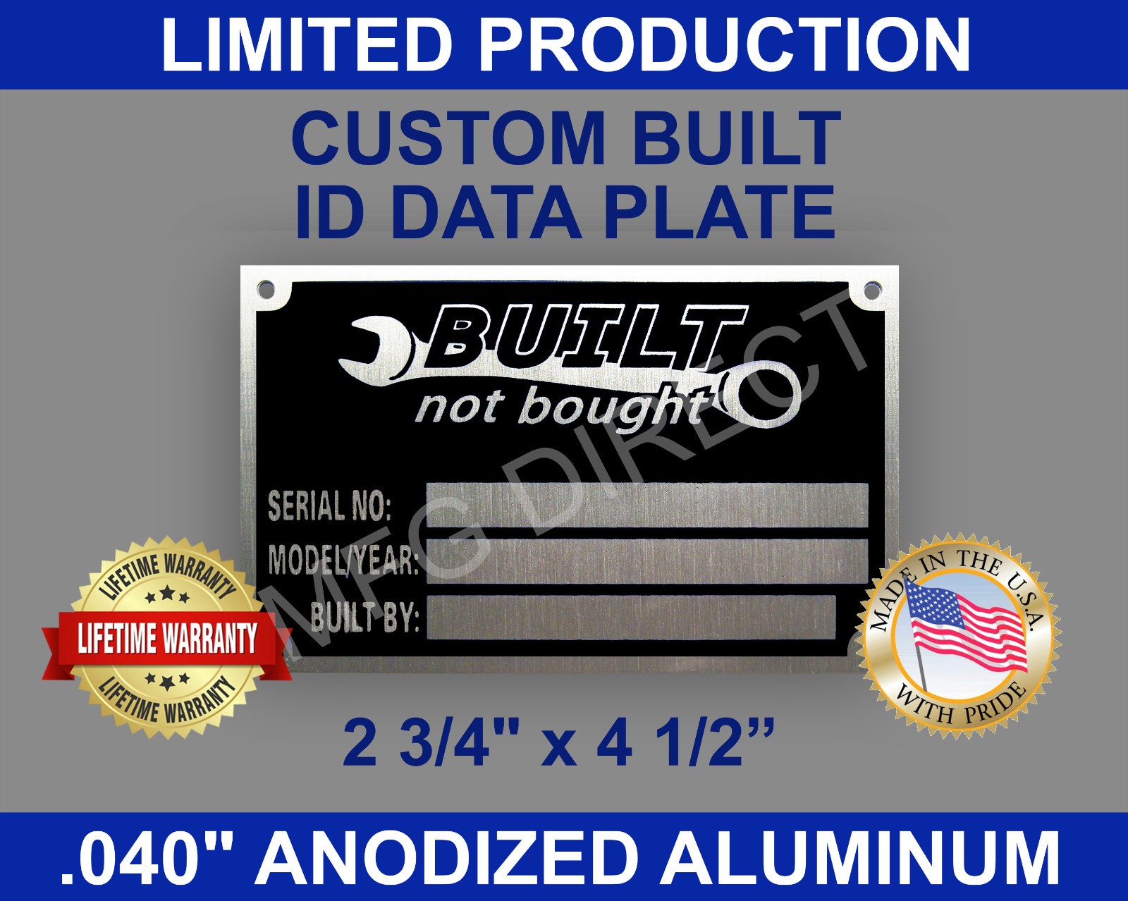 TRAILER SERIAL NUMBER ID TAG  DATA PLATE CUSTOM (BLANK) 2 3/4" x 4 1/2"  USA