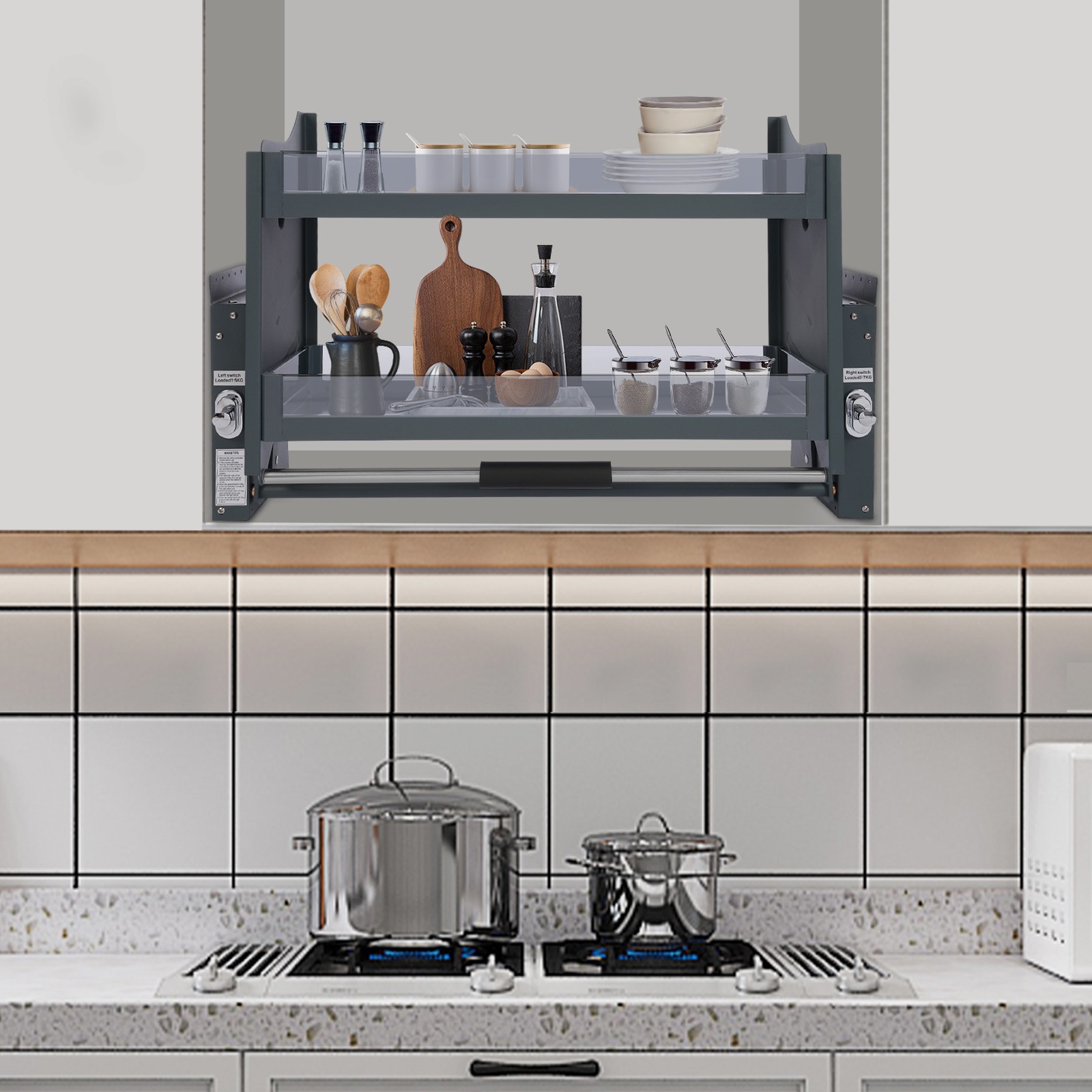 Pull Down Shelf Upper Kitchen Wall Cabinet Storage Organizer Dark Grey USA