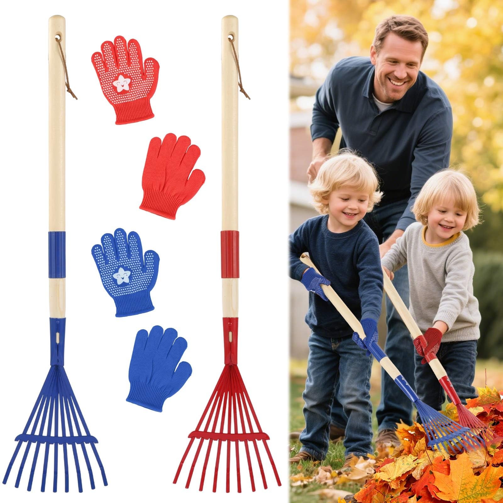 2PCS Garden Tool Rakes with Hardwood Handle, Garden Lawn Rake Leaves Lightwei...