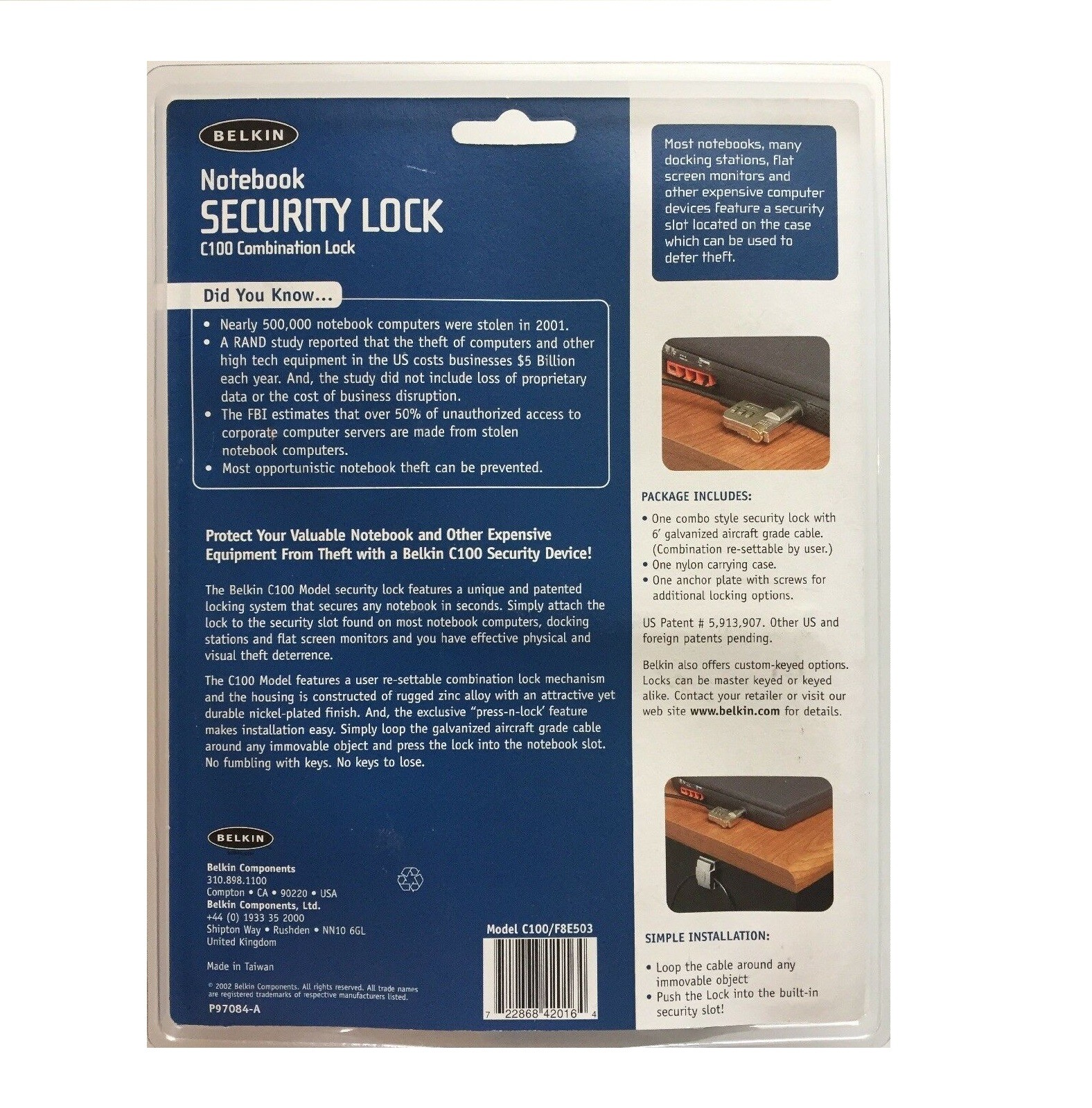 Belkin Notebook Security Combination Lock C100 F8E503 New In Packaging