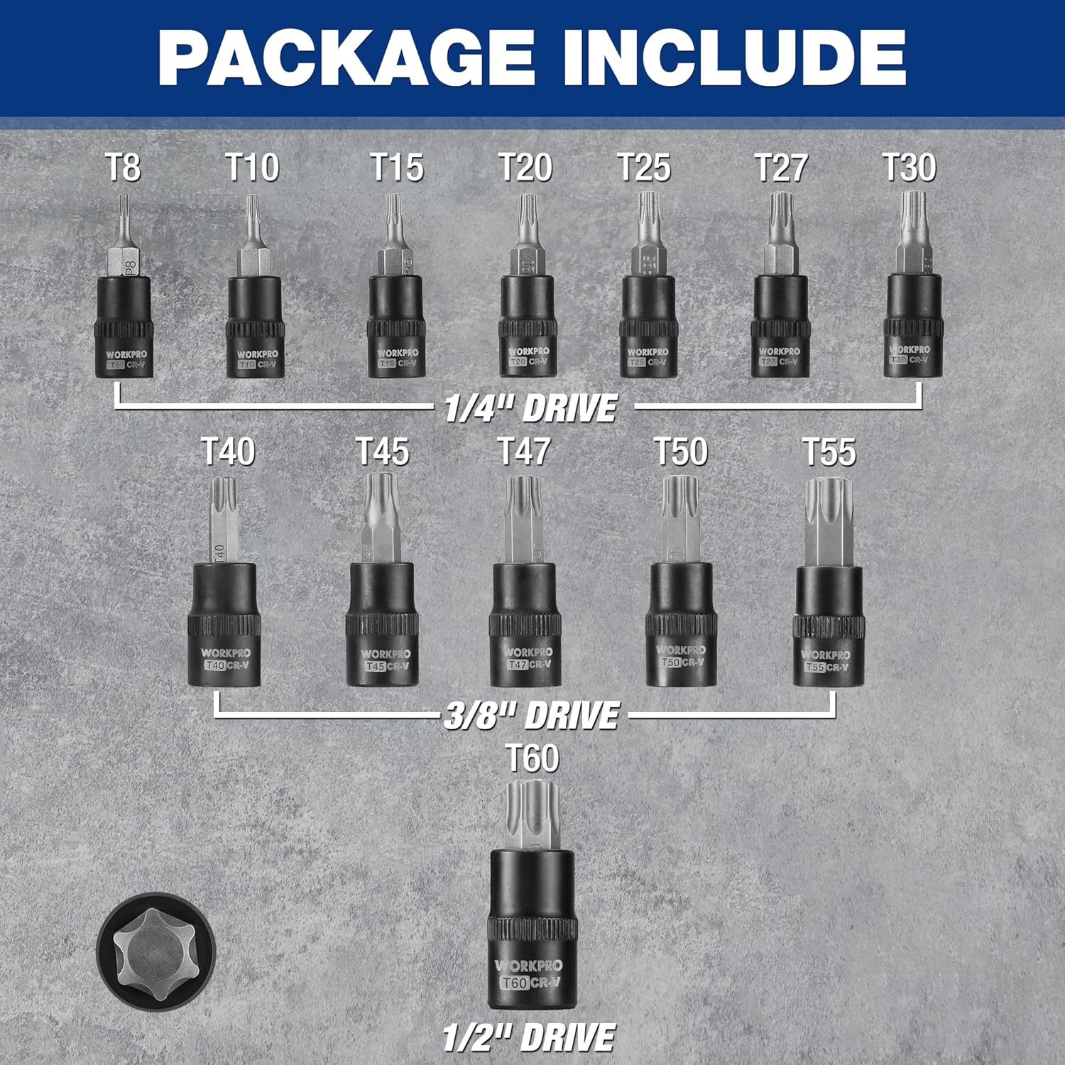 Torx Bit Socket Set, 1/4", 3/8" and 1/2" Drive Torx Bits 13-Piece Socket