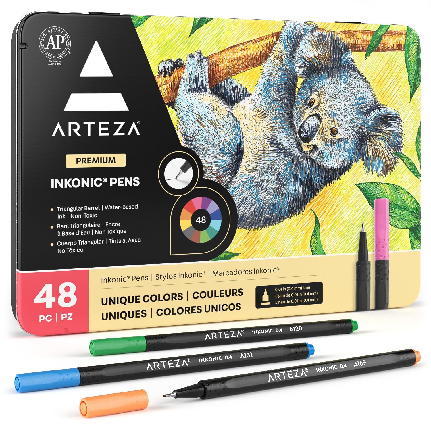 Inkonic Fineliners Pens Set of 48 0.4 mm Fine Tip Markers Water-Based Art Pen...