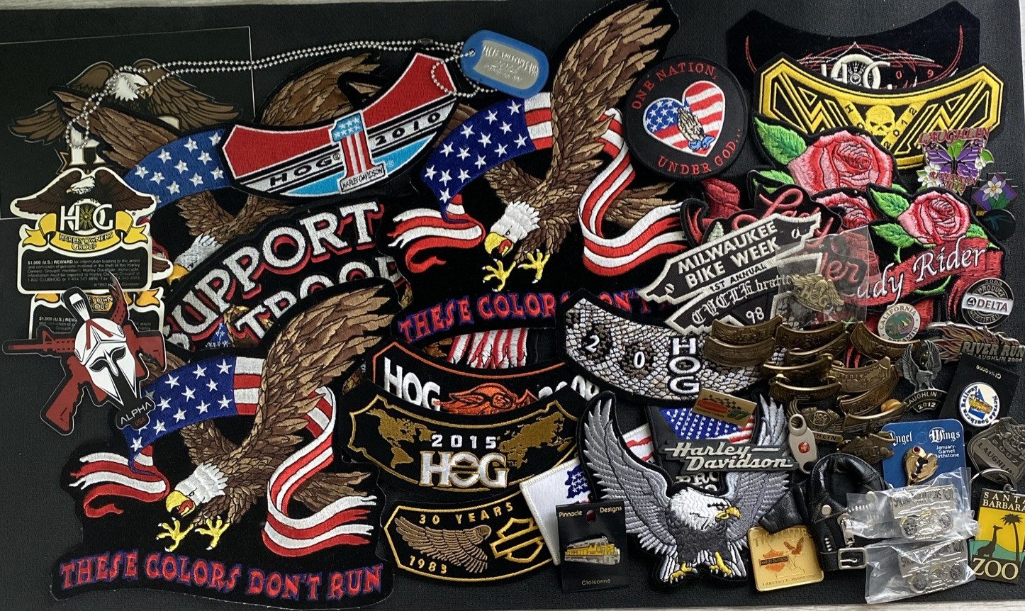 Huge Mix-lot Of 57 Harley-Davidson Pins Patches, Keychain, Dog Tag & Stickers C3
