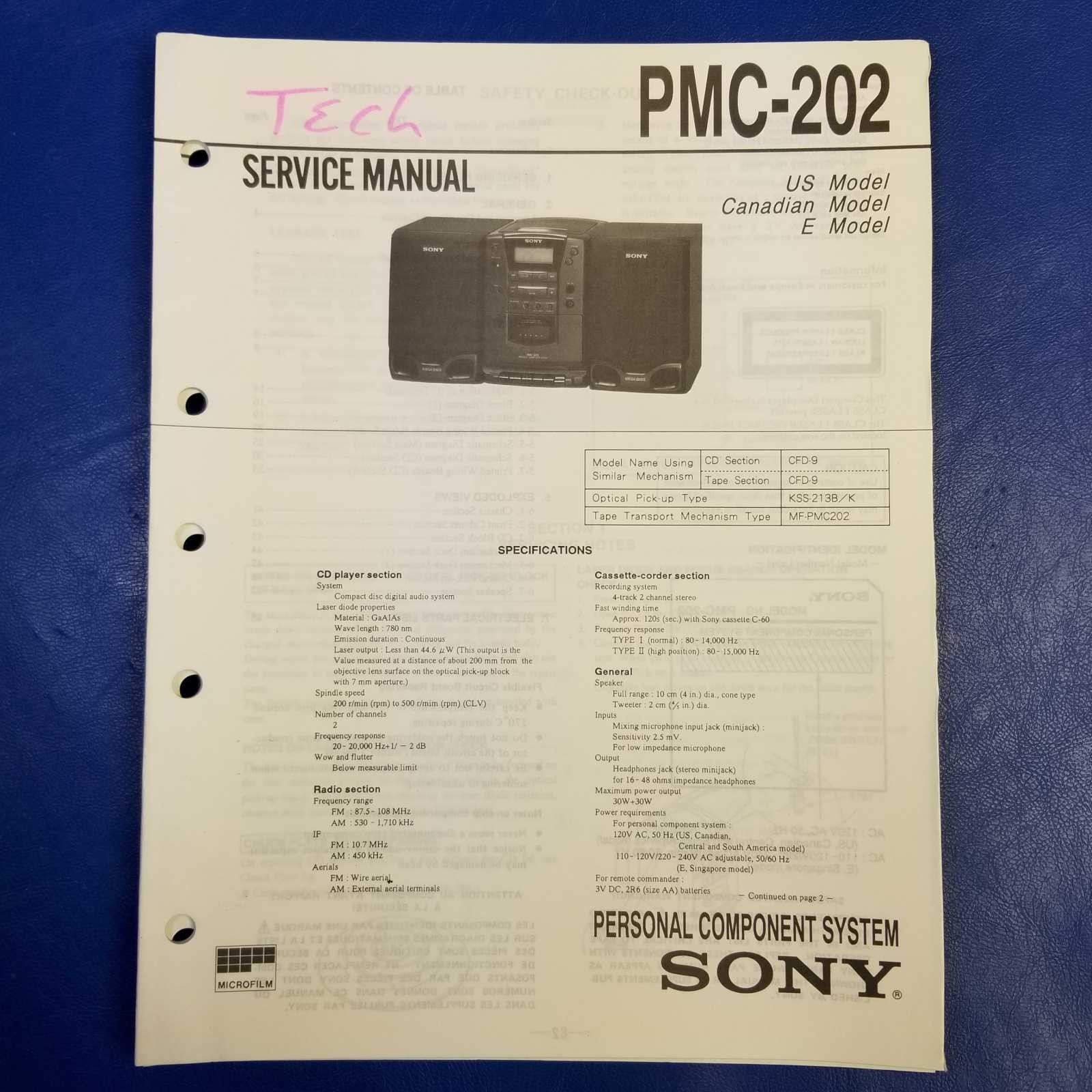 SONY PMC-202 Service Manual Original Paper OEM Repair Guide - USA