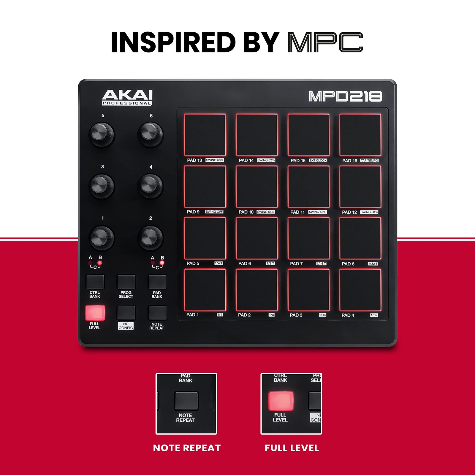 Professional MPD218 - USB MIDI Controller with 16 MPC Drum Pads, 6 Assignable Kn