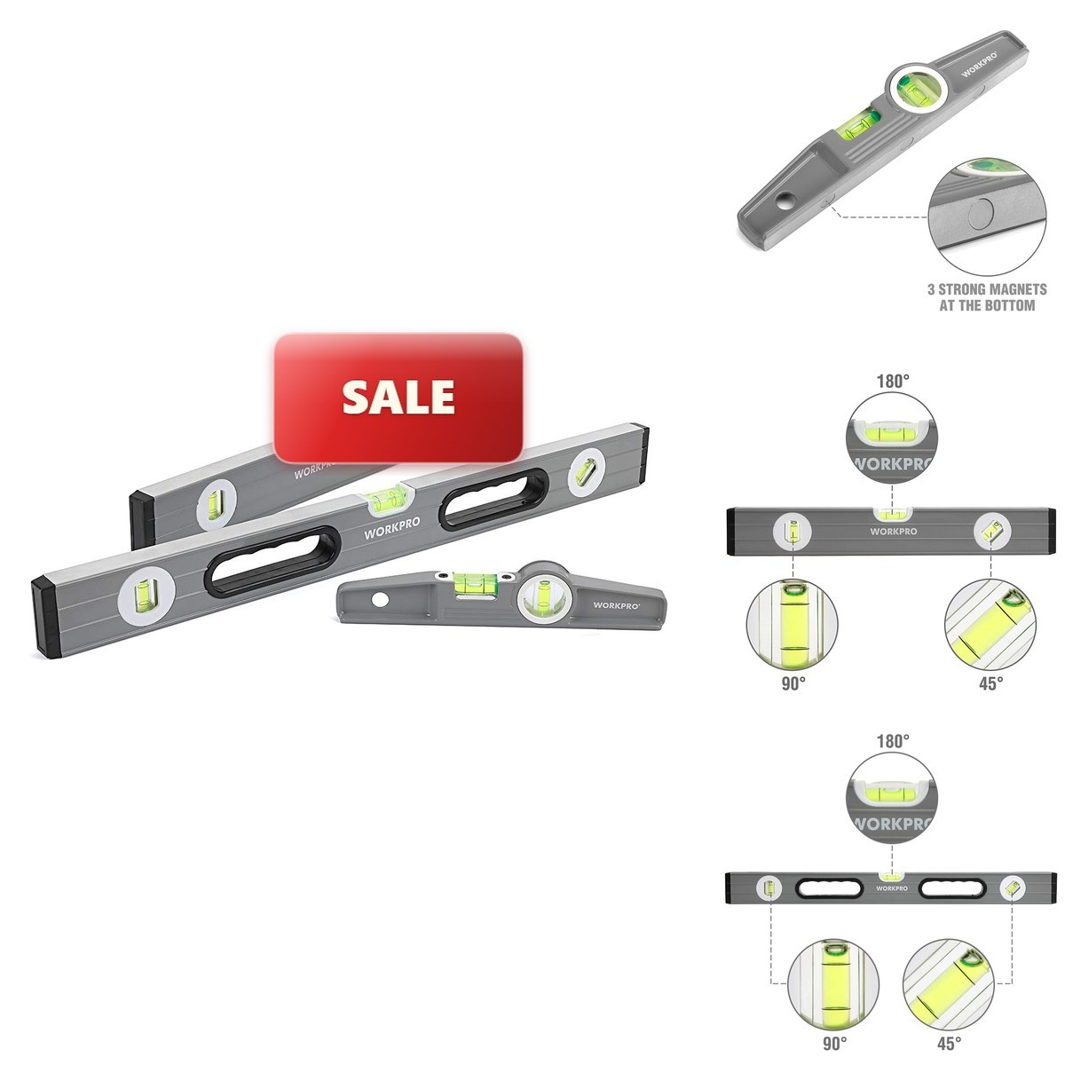 WORKPRO W002900A 3-Piece Level Set 9" Magnetic 16" 24" Non-magnetic Clear