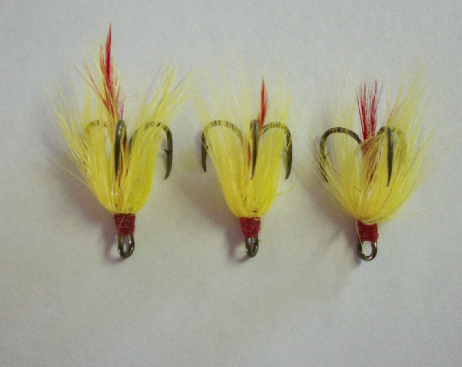 3 Dressed Treble Hooks with LIGHT YELLOW HAIR and Red Feather  * Hook size #4 *