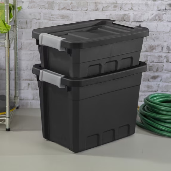 7.5 Gallon Stackable Storage Tote w/ Latch Lid Black (6-Pack)