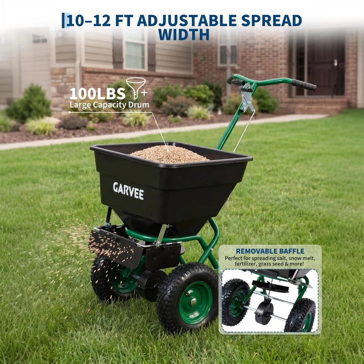 100 lb Push Broadcast Spreader with 12' Spread Width, Adjustable Drop Rate