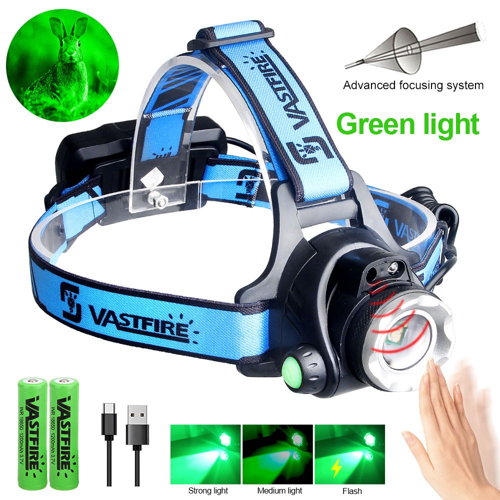 Green LED Headlamp Work Light Sensor USB Type-C Charging Zoom Lamp + Battery US