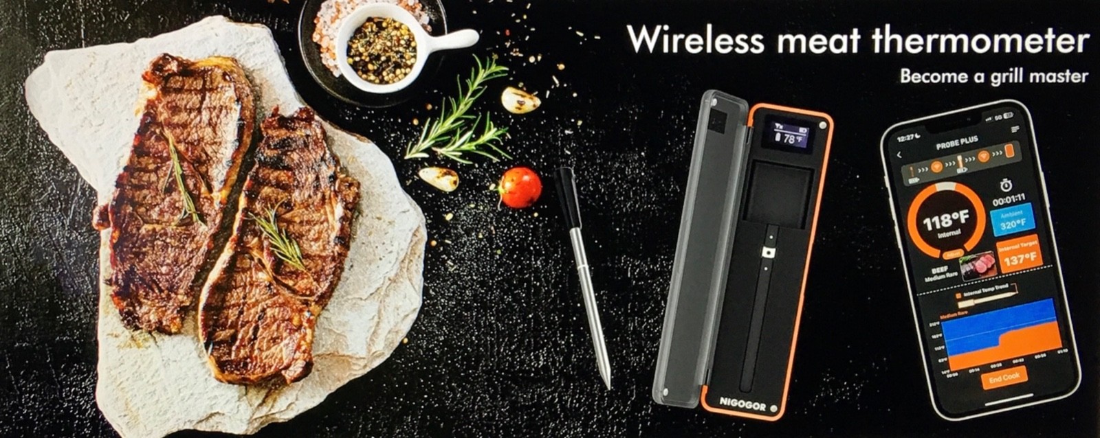 NIGOGOR Smart Wireless Meat Thermometer W/Thinnest Probe, Bluetooth, App, Sealed