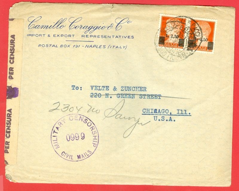 Italy King Overprint 2.50 Lira Pair used on cover WWII Censor to USA