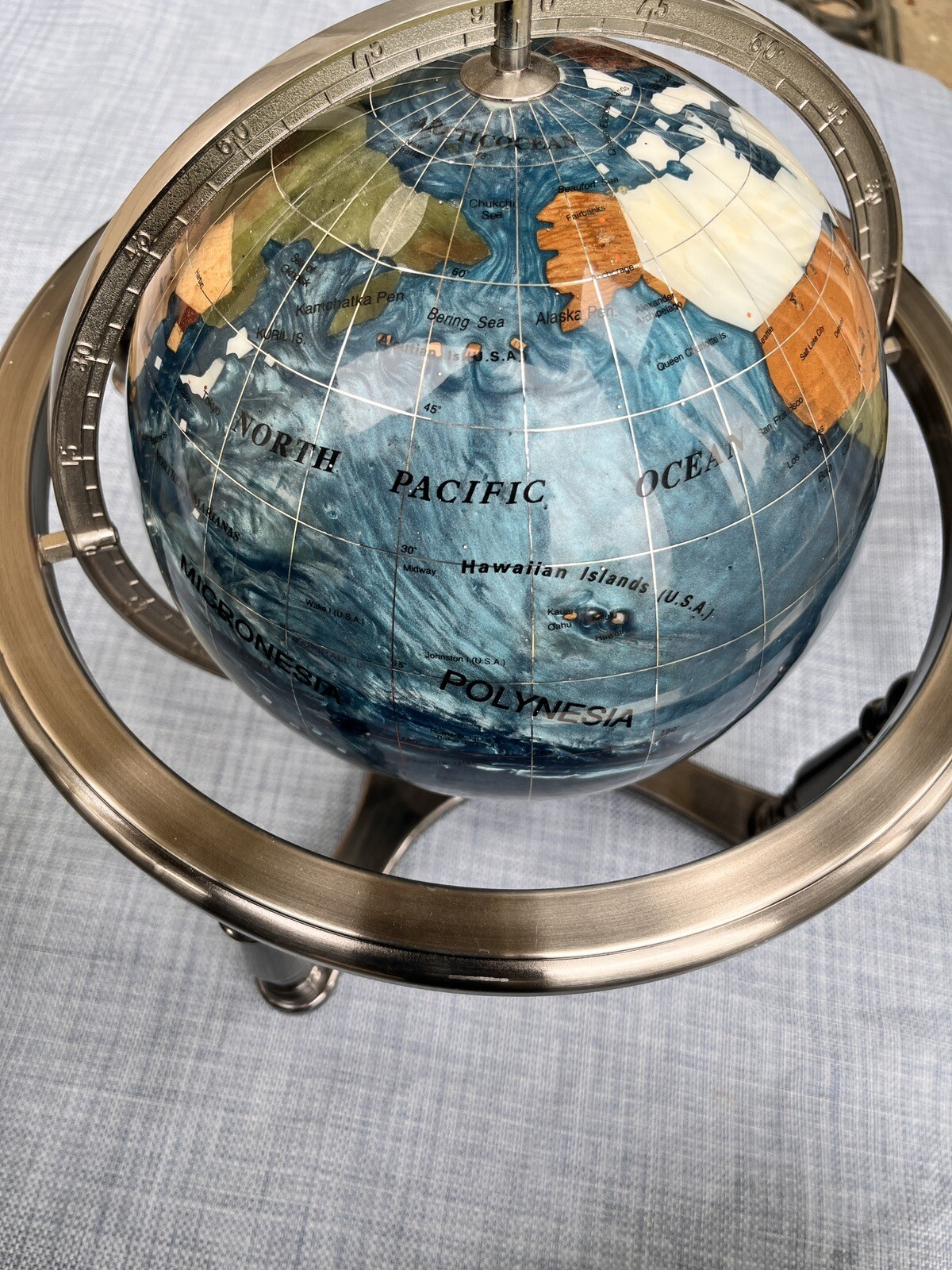 12" Tall Gemstone Table Top Gem Pearl /Gemstone World Map Globe Gorgeous Silver