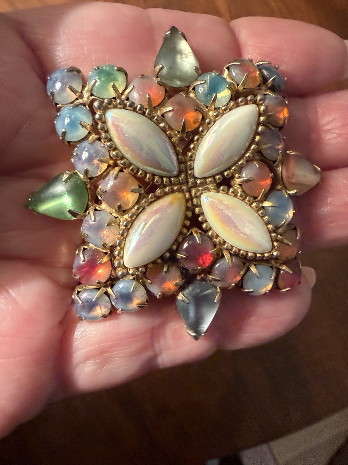 Multicolor Glass Metal Flower Brooch Pin Marquise Floral Design