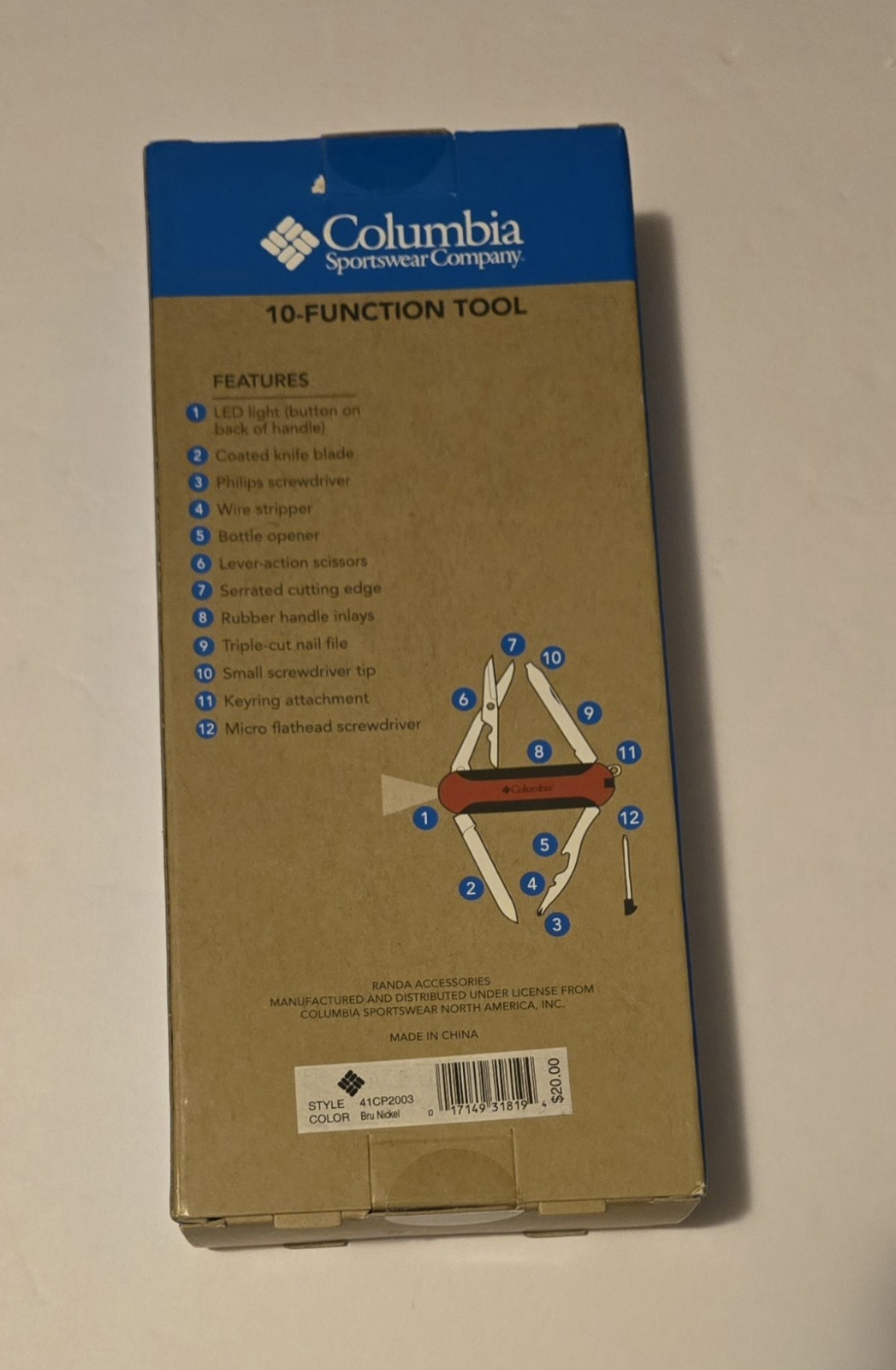 Columbia 10-Function Tool- Knife, Scissors, LED Light, etc. Brand New