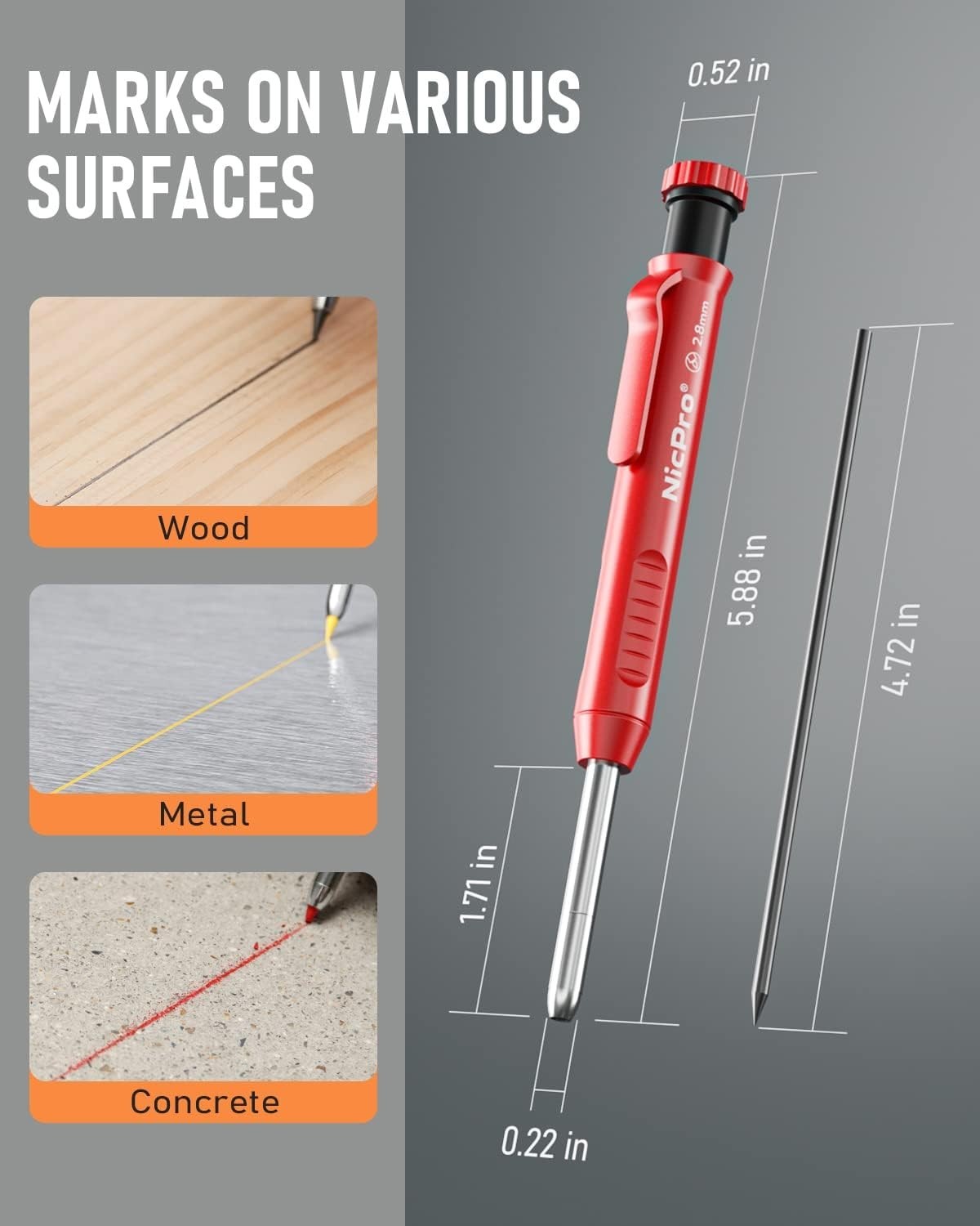 Ergonomic Construction Pencil with Built-in Sharpener & 13 Refills for Craftsmen
