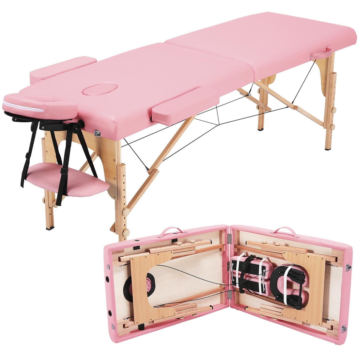 Portable Pink Massage Table with Adjustable Height and Carry Bag, 24 Inch