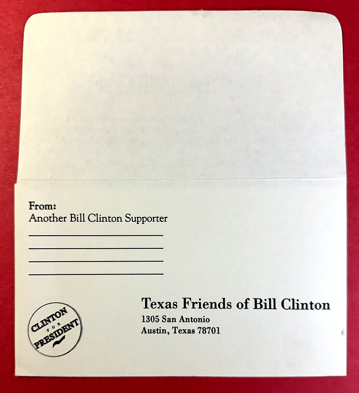 1992 Bill Clinton for President Texas Fundraiser Envelope