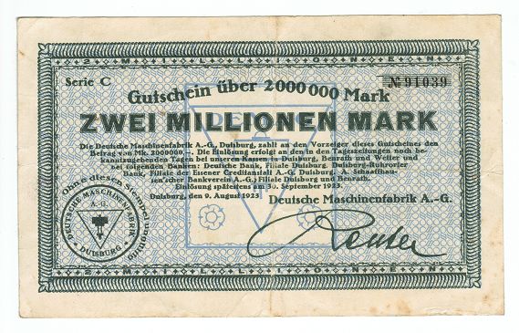 GERMANY BANKNOTE 2 MILLION MARK DUISBURG 1923