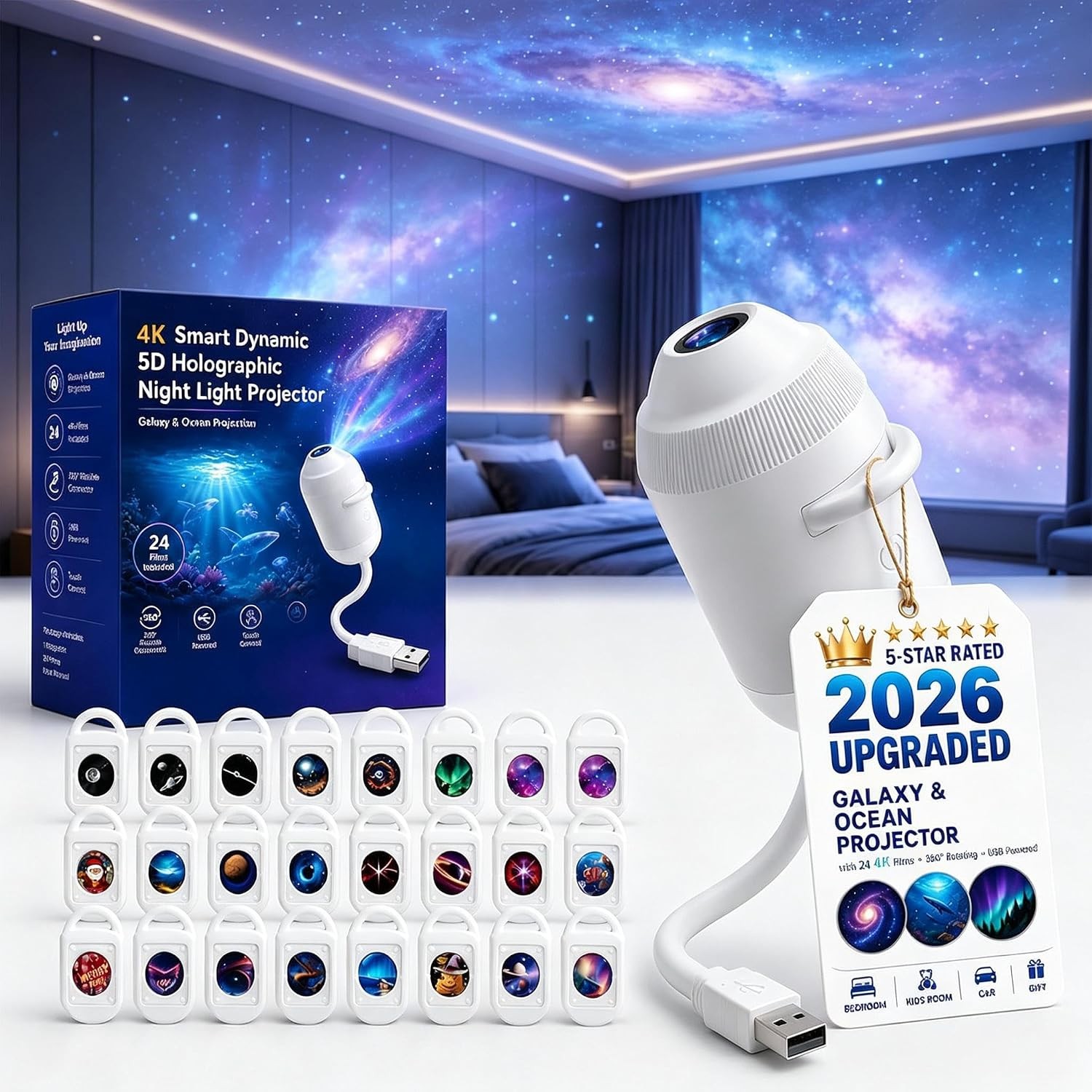 5D Holographic Star Projector 24 Films, 360° Adjustable Galaxy/Ocean USB
