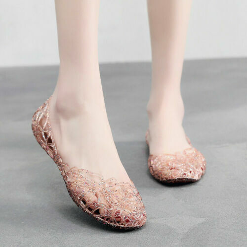 Women's Jelly Casual Shoes Hollow Out Flat Sandals Glitter Soft Comfy Loafers
