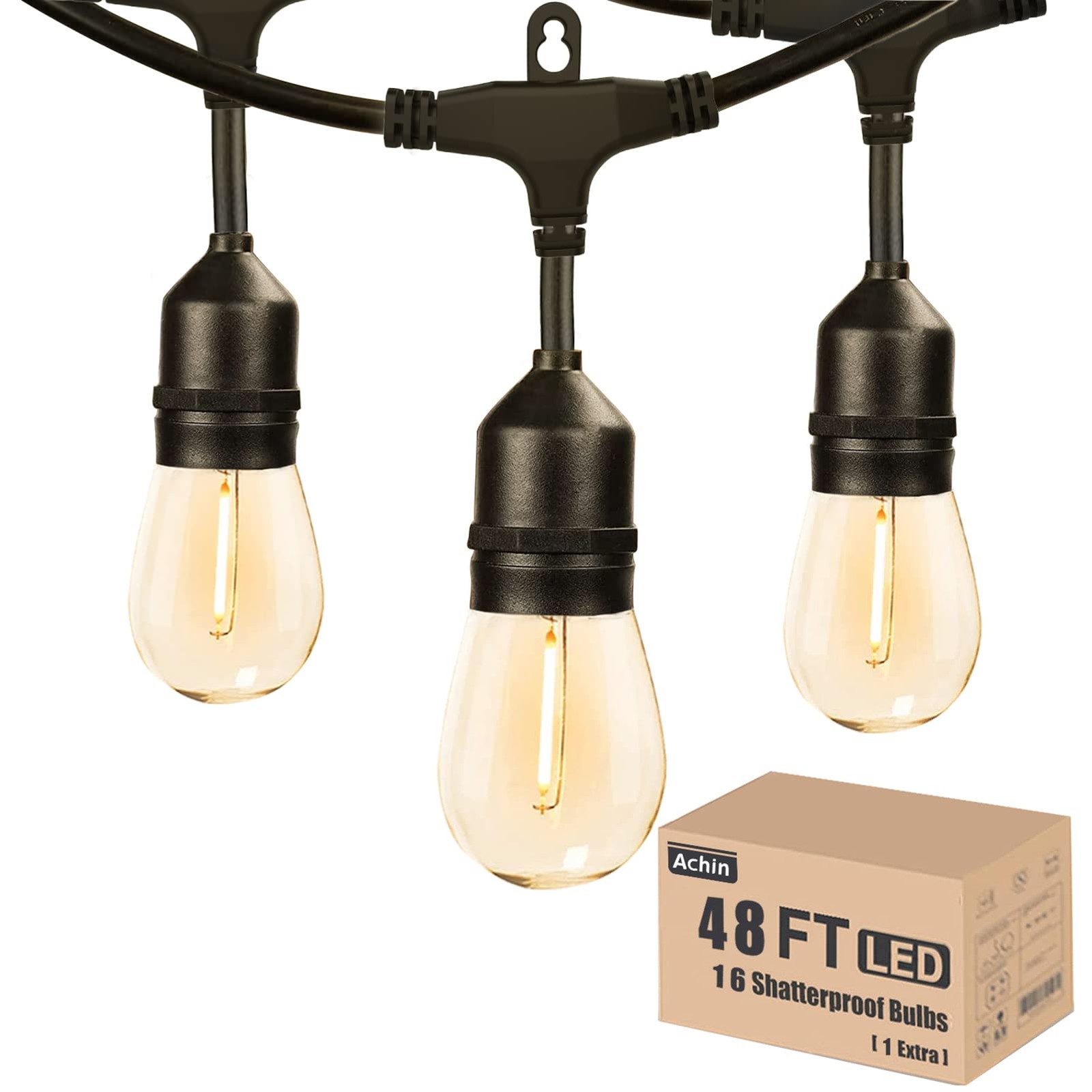Outdoor String Lights 48FT Dimmable Warm Warm 2200K-E26 Base 48FT 15 Sockets