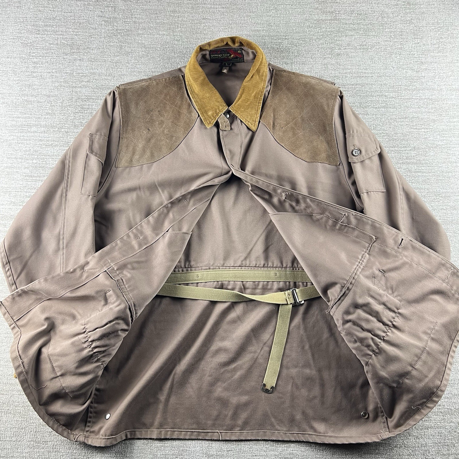 Vintage 10X Hunting Shooting Jacket Men Size L Brown Canvas Leather Pads USA 60s