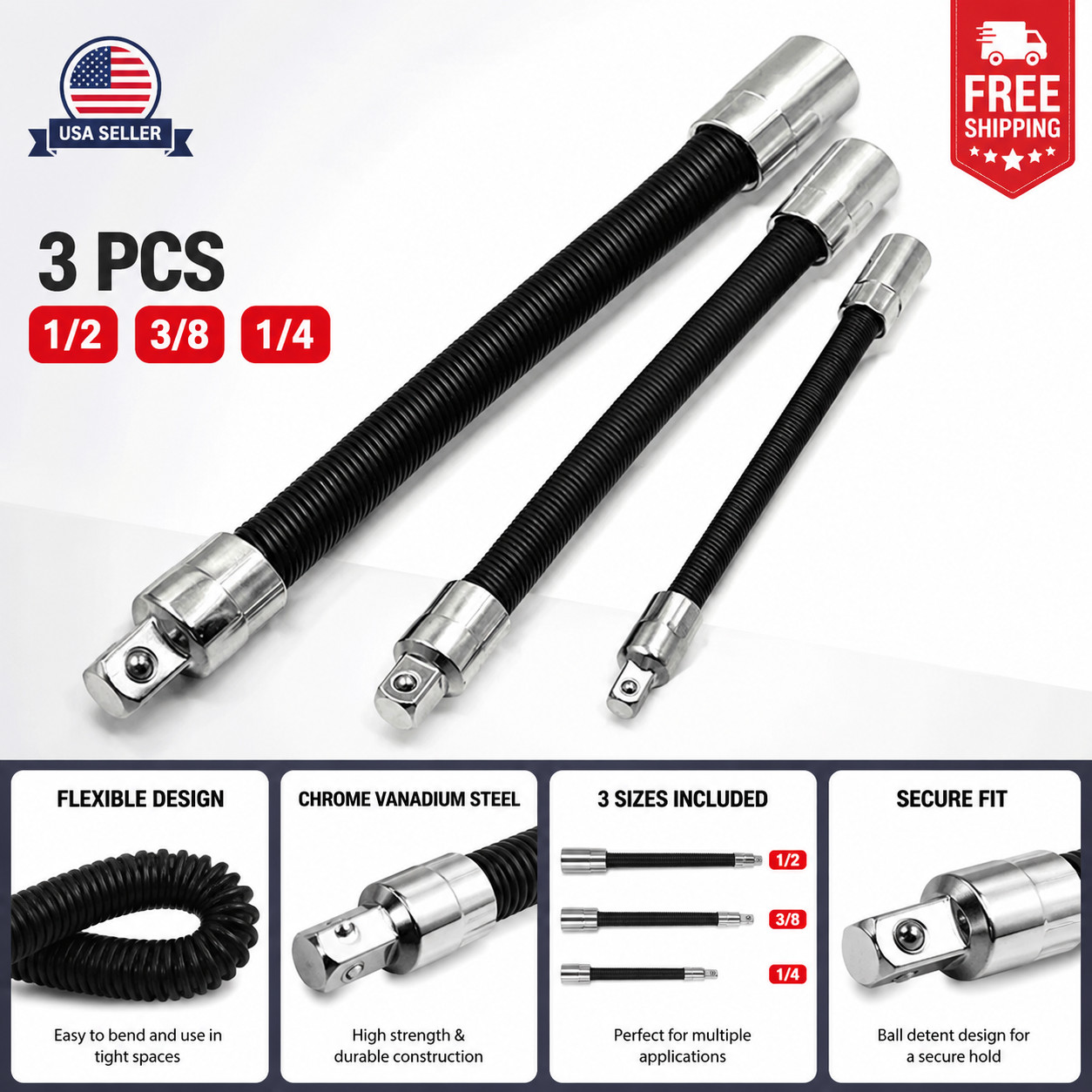 3-Piece Flexible Socket Extension Bar Set 1/2" 1/4" 3/8" Shaft Drive 10" 8" 6"