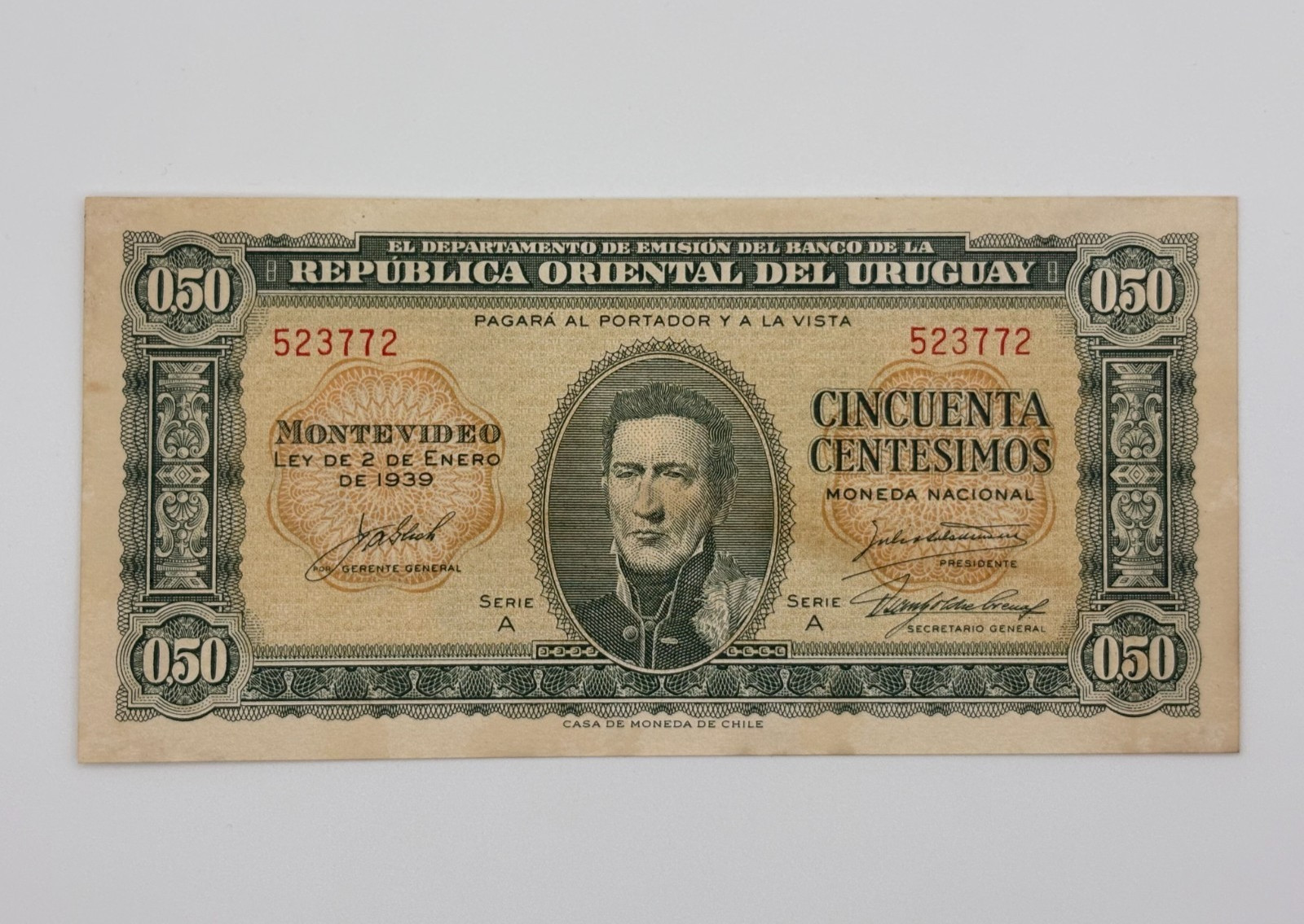 Uruguay 50 Centesimos 1939 Great Condition Circulated Vintage World Banknote