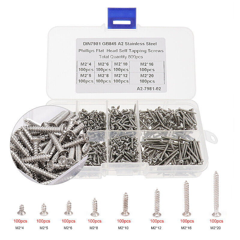 800Pcs Stainless Steel Self Tapping Screw Assortment Kit Lock Nut Wood