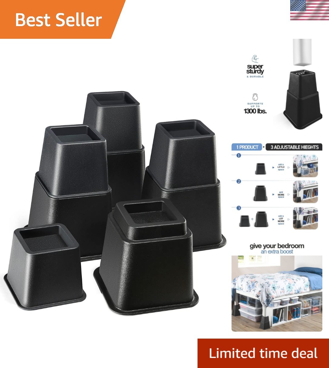 Adjustable Bed Risers - Elevation in 3, 5 or 8 Inch - Heavy Duty Stackable Fu...