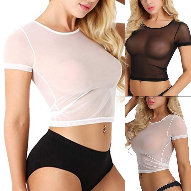 Womens Sexy Mesh See-Through Stretchy Tight T-shirt Long Sleeve Club Blouse Tops