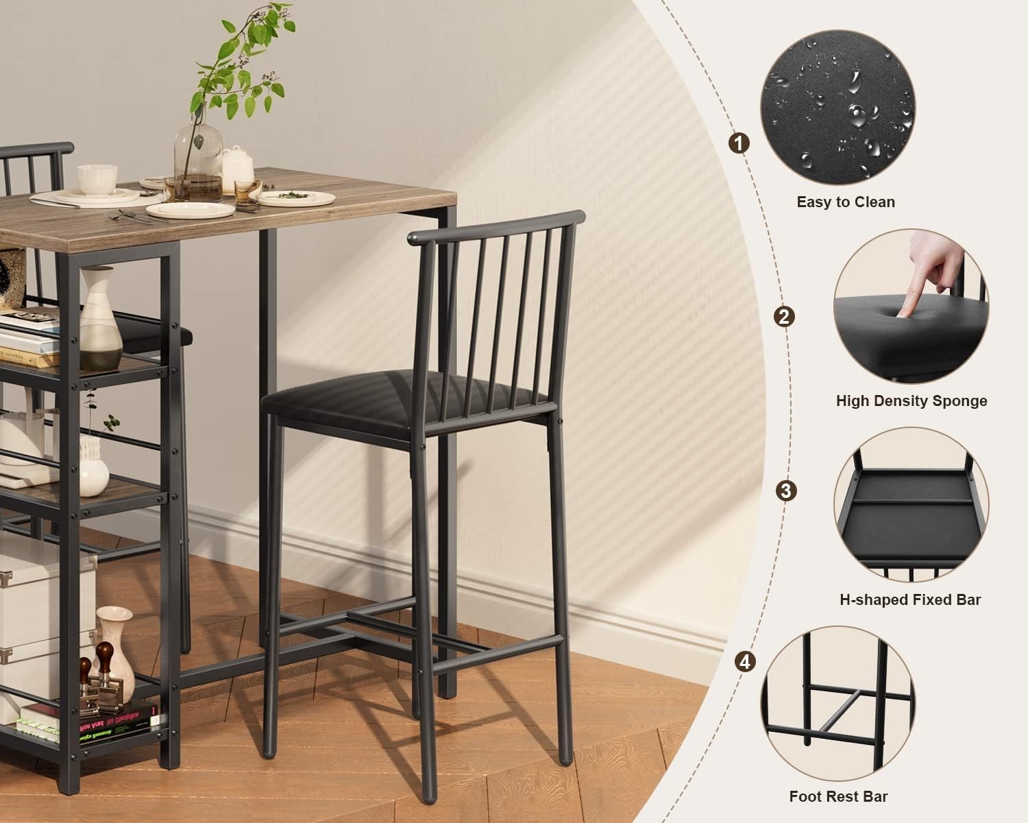 3-Piece Bar Dining Table Set 2 Kitchen Table w/Shelves Grey Space-saving grey