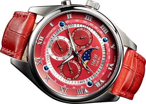 JMW TOKYO Men's Moon Phase Watch Japanese Quartz 100M Leather Roman Red Silver
