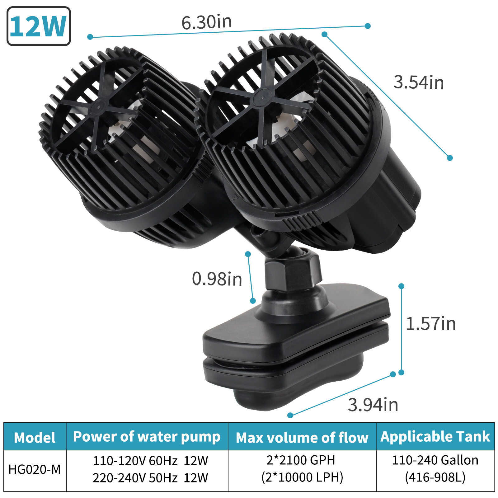 hygger Double Head Aquarium Wave maker Circulation Water Pump with Magnetic Base