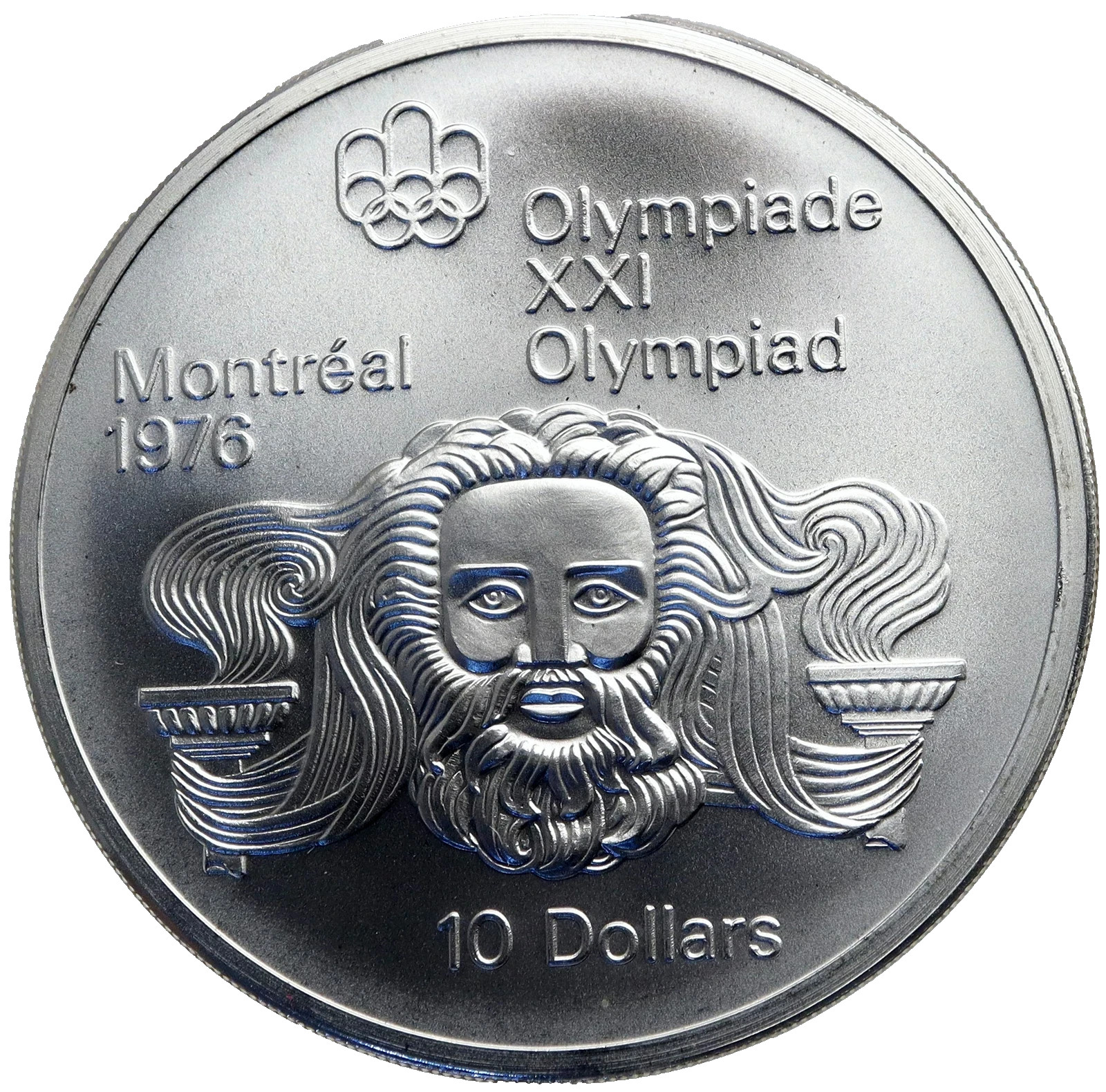 Montreal 1976 Olympics "Head of Zeus" .925 Fine Silver 1.44 Troy oz $10 Coin.