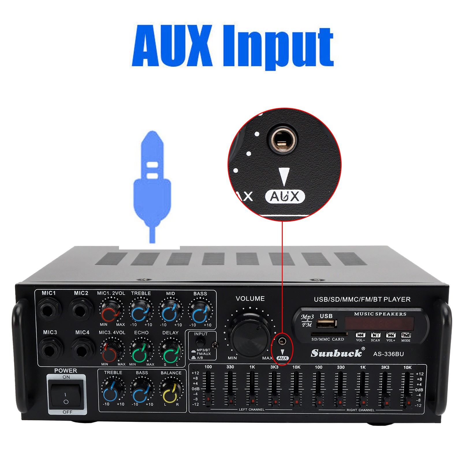 SUNBUCK 400W RMS 2000W Peak Stereo Amp BT 5.0 USB/SD FM Mic Inputs Home Car